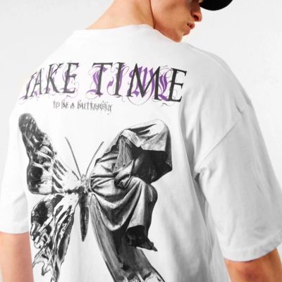 Tricou Bărbați TAKE TIME ALB OVERSIZED