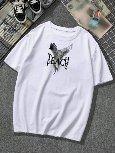 Tricou Bărbați TEACH PEACE ALB Oversized